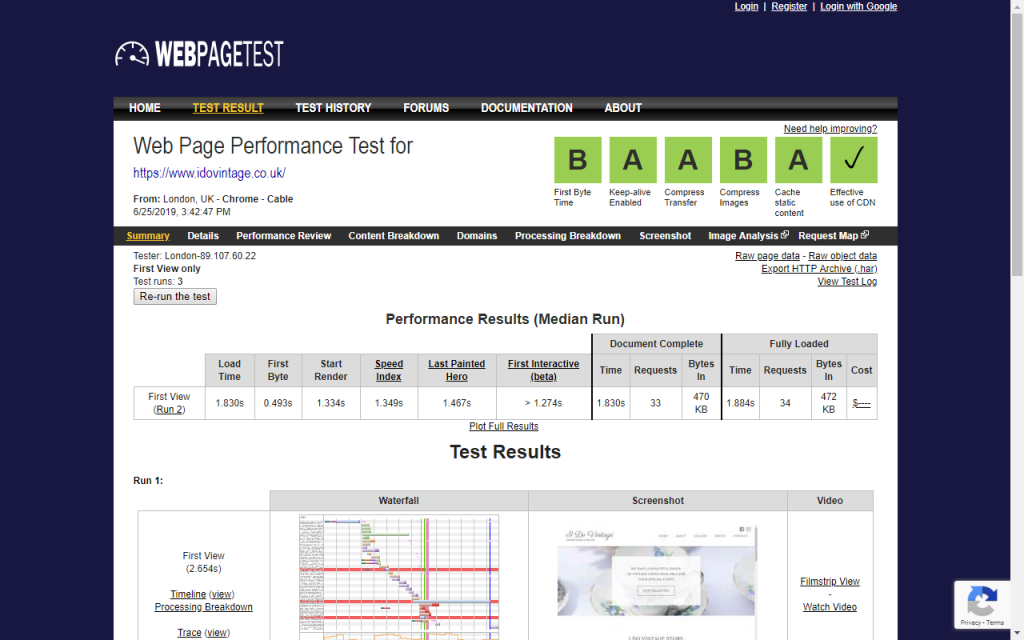 WebPageTest website speed test results