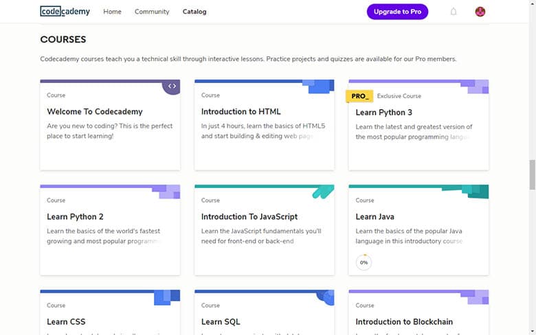 Codecademy learning to code course catalogue screenshot